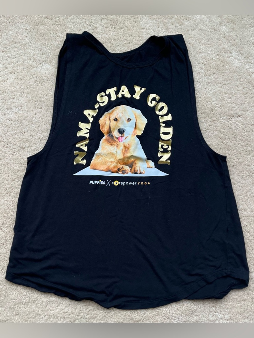 Core Power Yoga Black “Nama-stay Golden” Puppies Tank Top - Size M - EUC